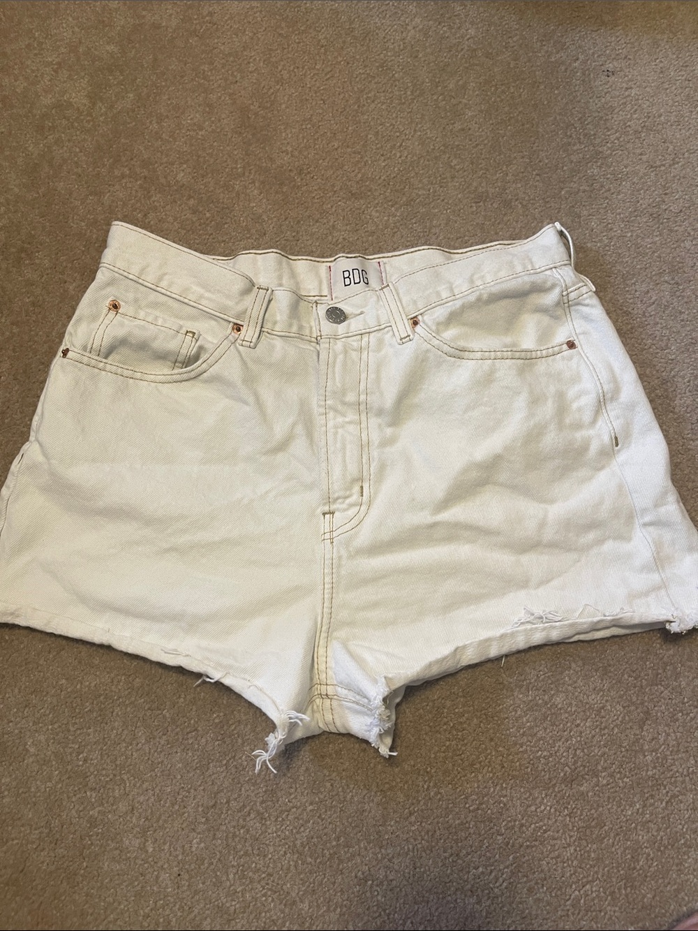 BDG Cream High-Waist Frayed Denim Shorts